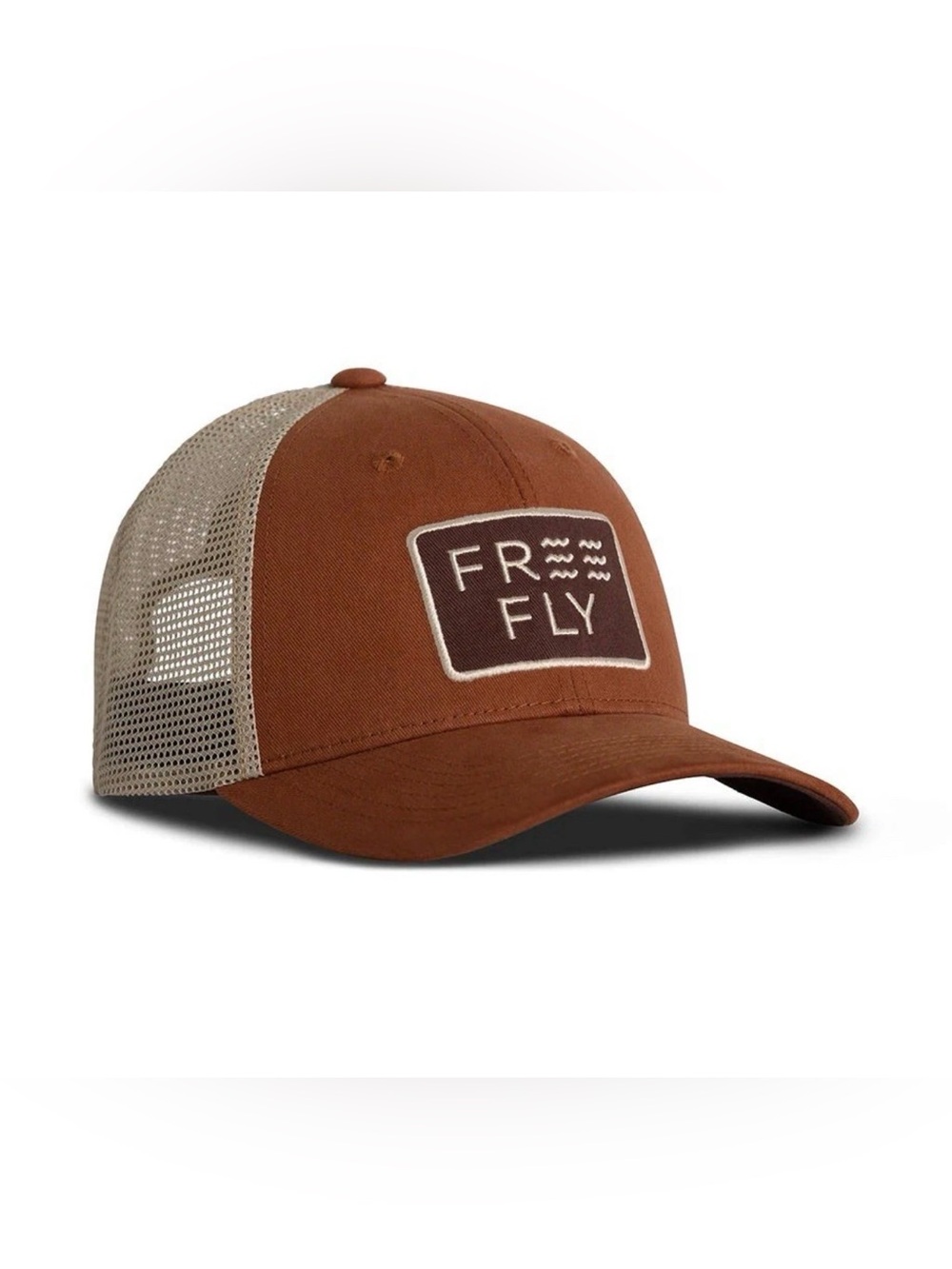 Free Fly Apparel Brown Front Patch Mesh Trucker Hat with Tan Mesh